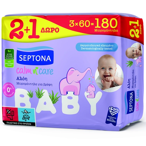 Septona Μωρομάντηλα Calm & Care Αλόη 3Χ60ΤΜΧ 2+1 Δώρο 2,000gr