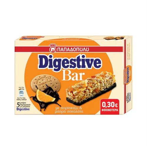 Παπαδόπουλου Μπάρα Δημ. Digestive Πορτοκάλι & Μαύρη Σοκολατα 28grX5τμχ 140gr